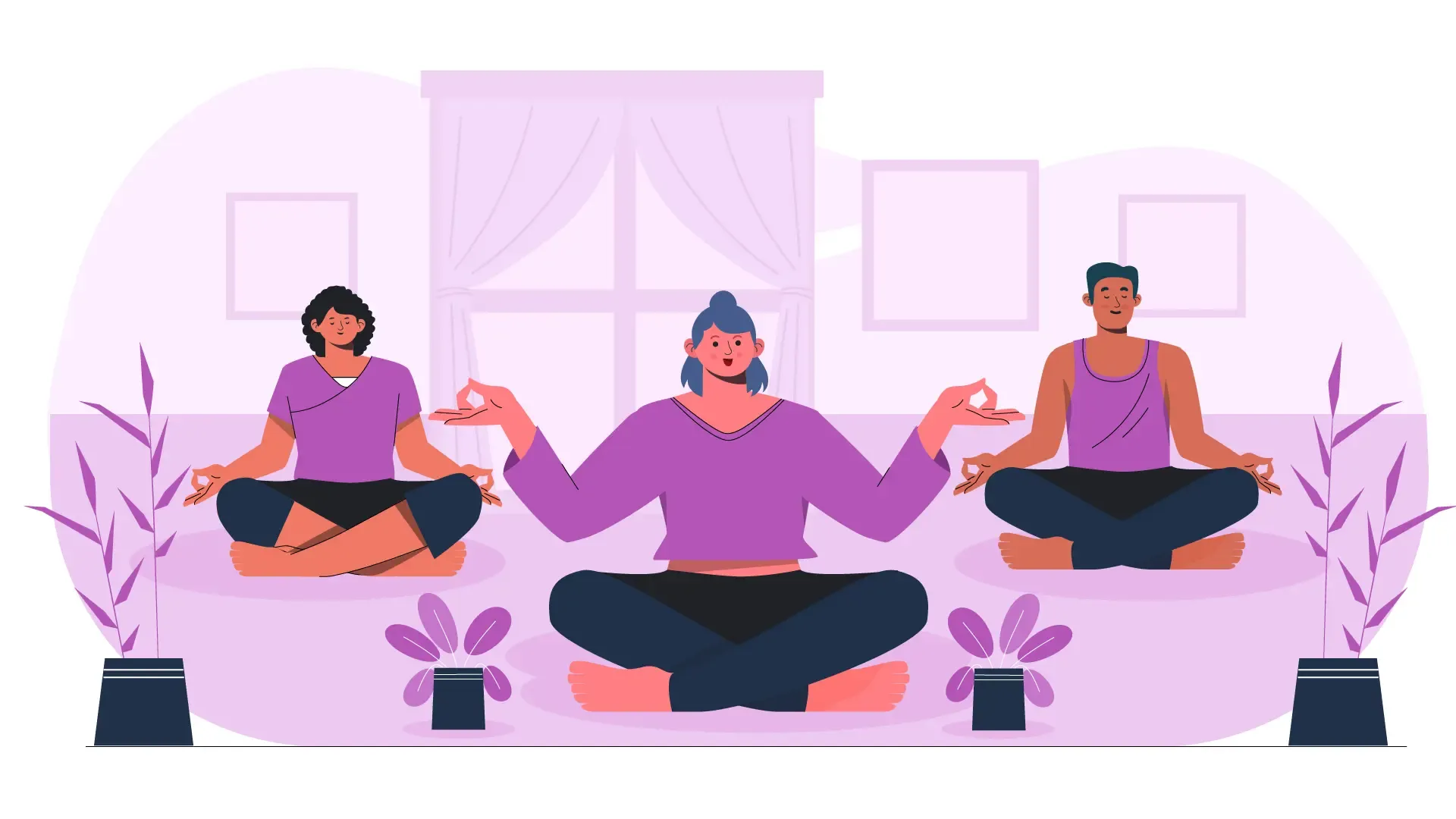 A Visual Journey through Group Meditation Techniques in Flat Vector Style